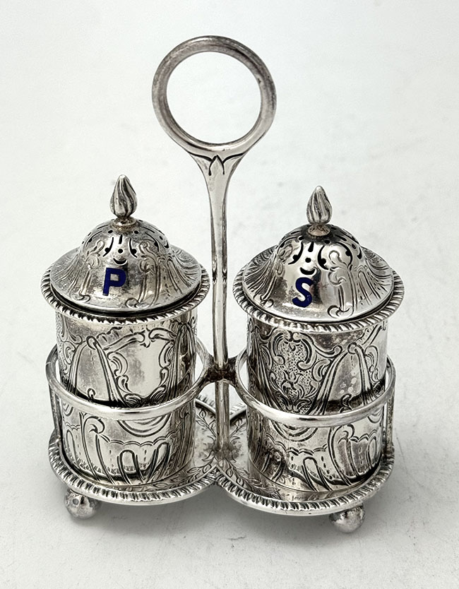 English silver salt and peppers matching cruets